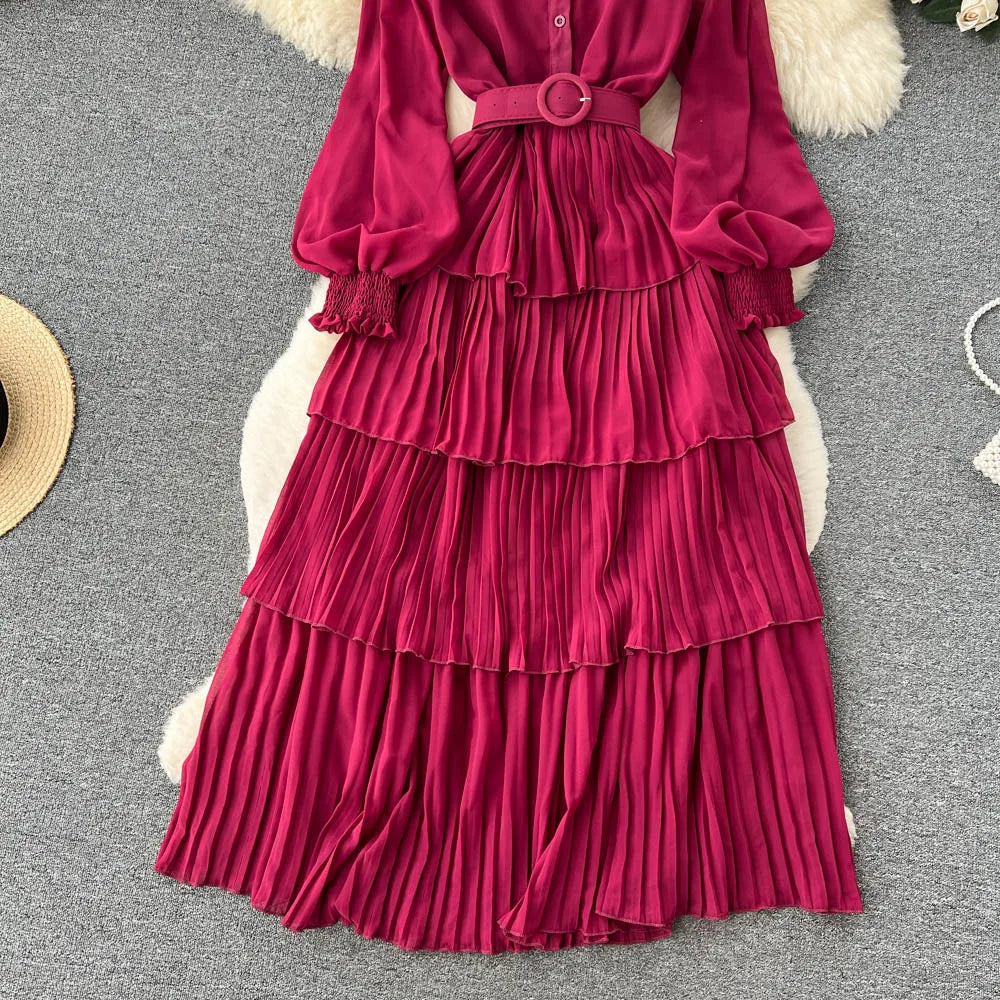 Aiertu Spring French Style Chiffon Long Dress 2023 Long Sleeve Single Breasted Fashion Belt Women A-Line Elegant Party Dress Aiertu