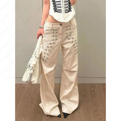 AIERTU  -  Subculture Gothic Cargo Pants Women High Waist Wide Leg Metal Buckle Full Length All Seasons Long Pants Trousers Pockets Casual Aiertu