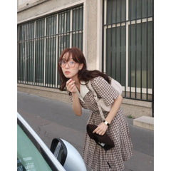 AIERTU  -  Korean Style Summer New Plaid Dress with Belt Loose Feel Sweet Style Women's Dress Short Sleeve Shirt Collar Casual Scene Aiertu