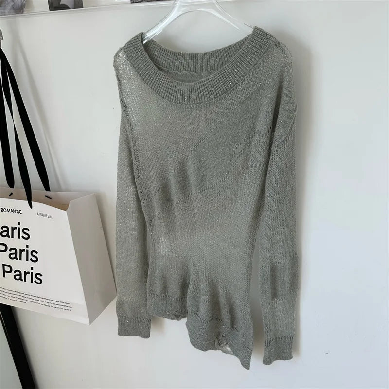 Aiertu Women's Pullover Knitted Torn Sweater Harajuku Long Sleeve Knit Jumper Sweaters Korean Y2k 2000s 90s Aesthetic Vintage Clothes Aiertu