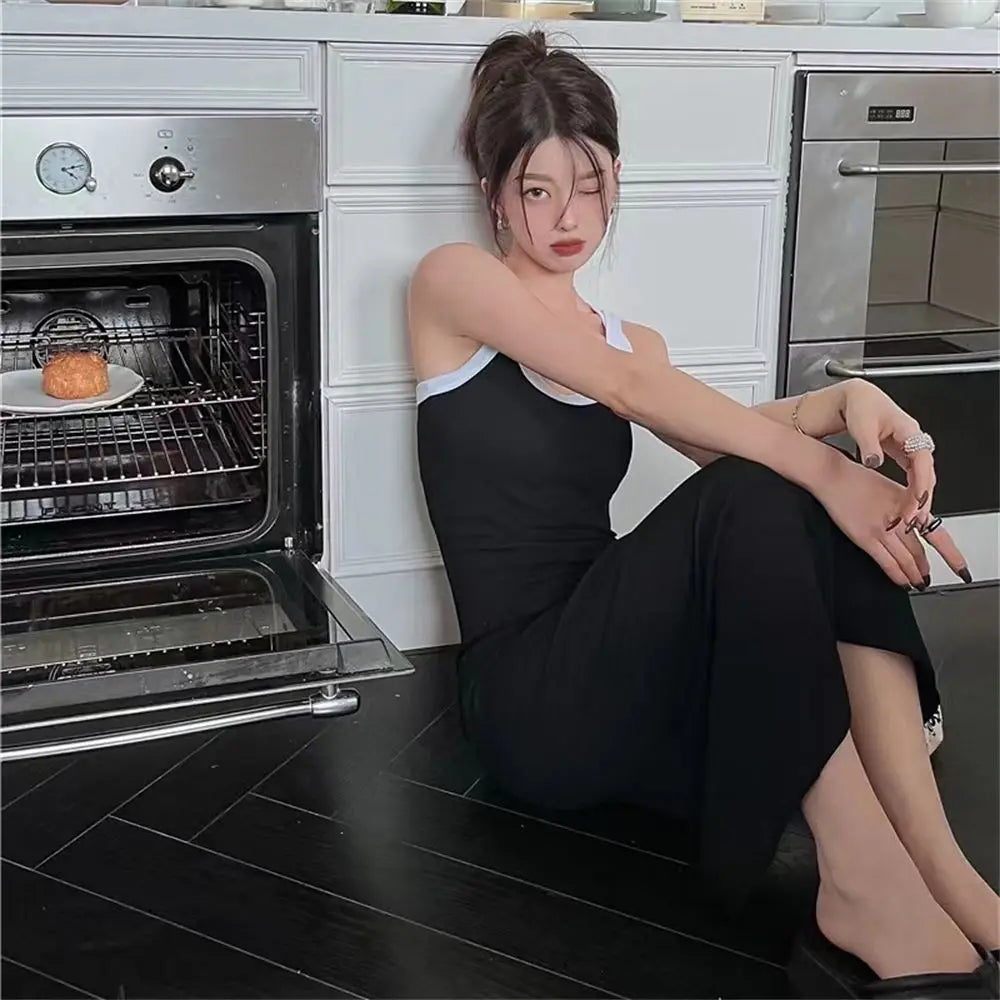Aiertu Sexy Backless Slip Midi Split Dresses Women Korean Fashion Spaghetti Strap Vintage Casual Black Dress 2024 Summer Sundress Aiertu