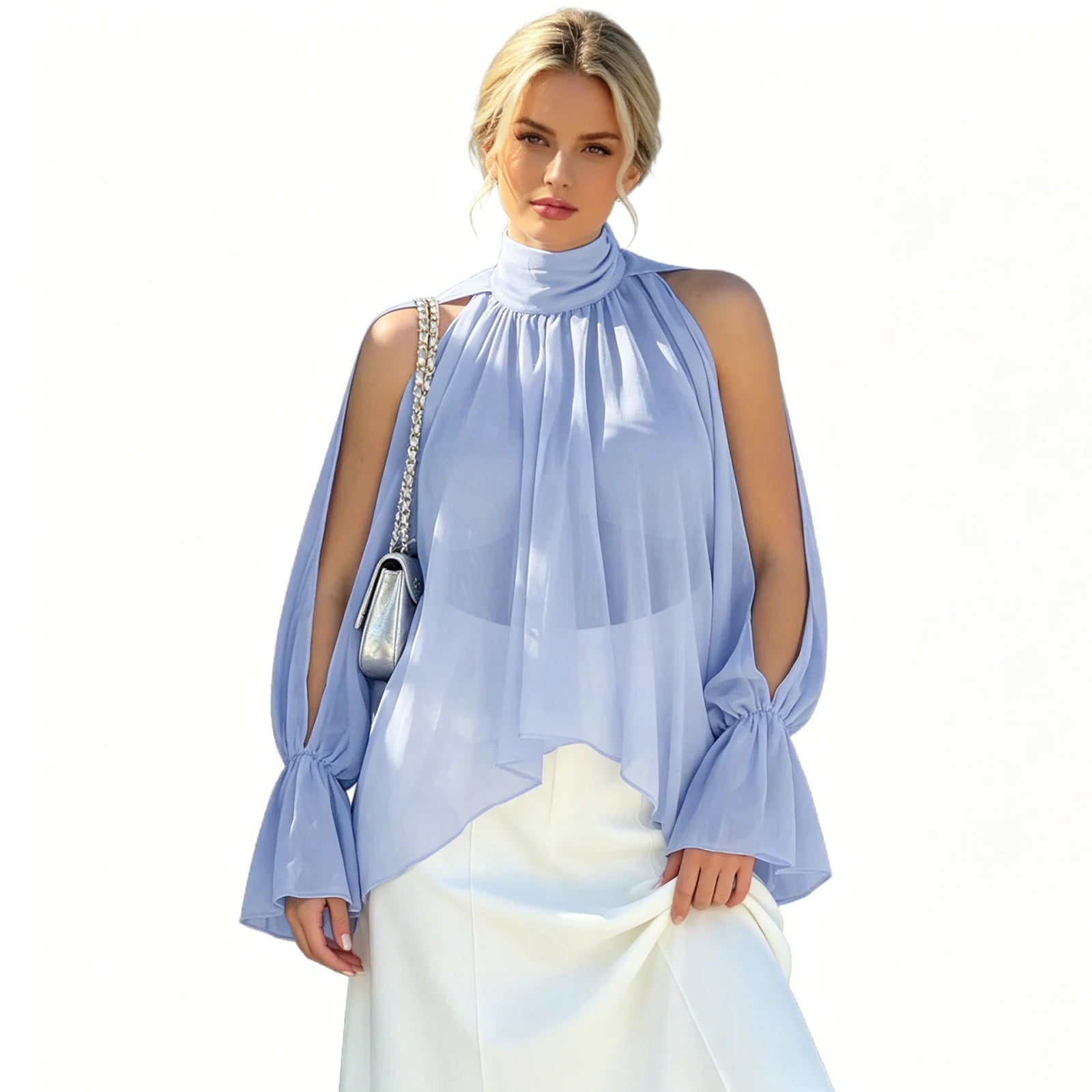 AIERTU  -  Summer Women’s Mock Neck Chiffon Blouse Tops Cold Shoulder Lantern Sleeve Mesh Shirts Streetwear Aiertu