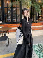 Aiertu 2024 Autumn Korean Style Zip White Dress Women Kpop Wrap Long Sleeve Long Dresses Streetwear Solid Simple Ladies Chic Aiertu