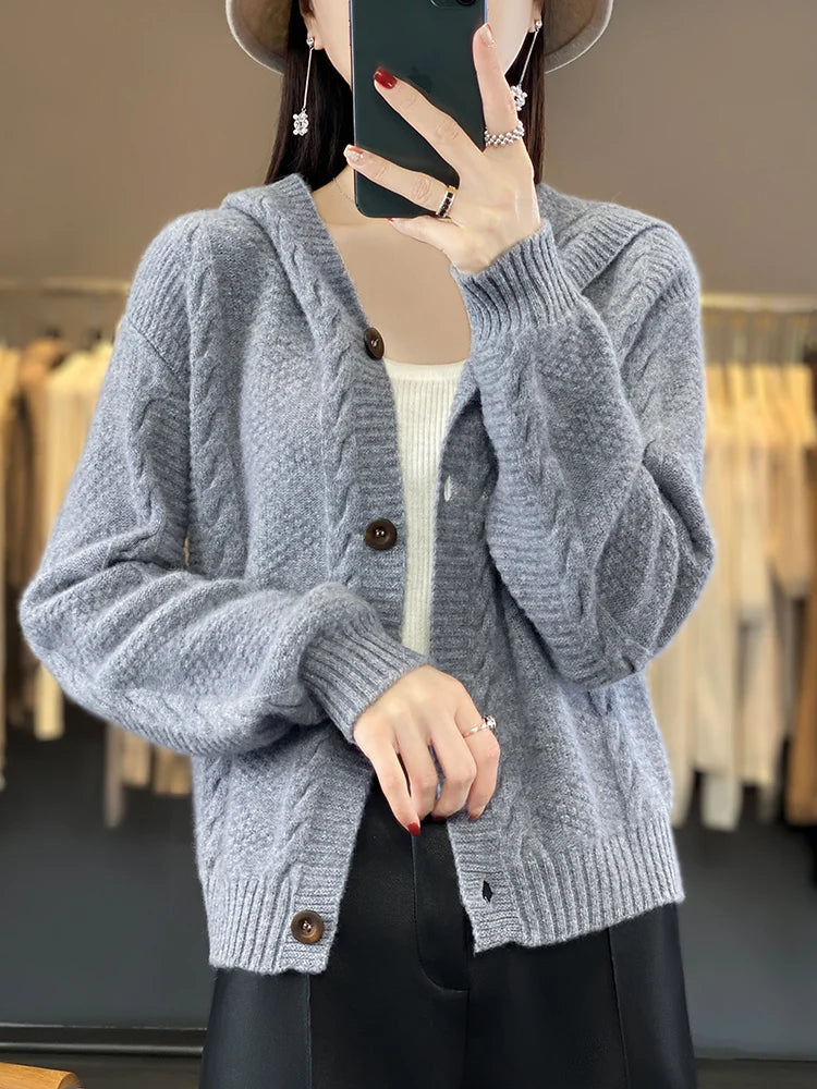 Women's Cardigan Autumn Winter High Quality Soft 100% Merino Wool Sweater Twist Flower Cashmere Knitted Hoodie Korean Aiertu