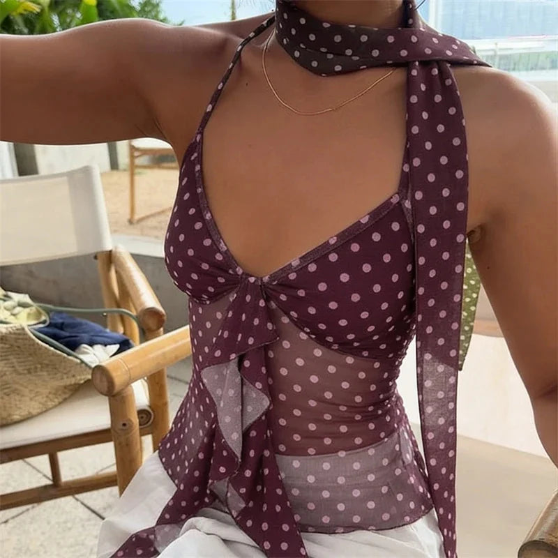 AIERTU  -  Vintage Polka Dot Lettuce Edge Aline Halter Tie Cami Mesh Splice Sleeveless Top For Women Party Date Night Romantic Birthday Aiertu