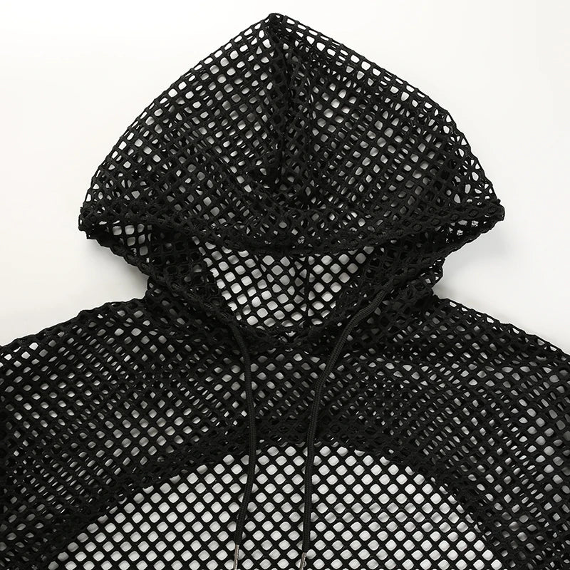 Aiertu  Street Style Fishnet Holes T Shirt See Through Hollow Out Hooded Full Sleeve Crop Top Women Casual Loose Shirt Smock Fall Aiertu