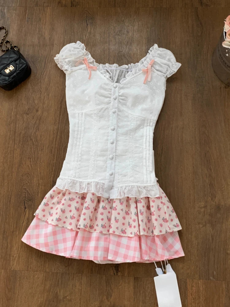 Aiertu Japanese Sweet Kawaii Print 2 Piece Set Women Patchwork Lace Cute Skirt Suit Female White Bow Tops + Plaid Mini Skirt Sets 2024 Aiertu