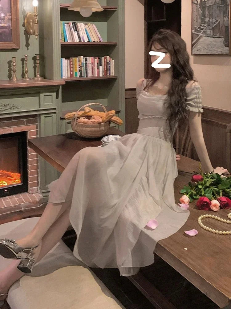 Aiertu French Elegant Fairy Midi Dress Office Lady One Piece Dress Korean Fashion 2024 Summer Pure Color Sweet Even Party Dress Woman Aiertu
