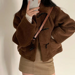 AIERTU  -  Autumn Winter Korean Fashion High Street Coat Women Lapel Collar Toggle Warm Loose Short Coat Casual Sweet Chic Shearling Coat Aiertu