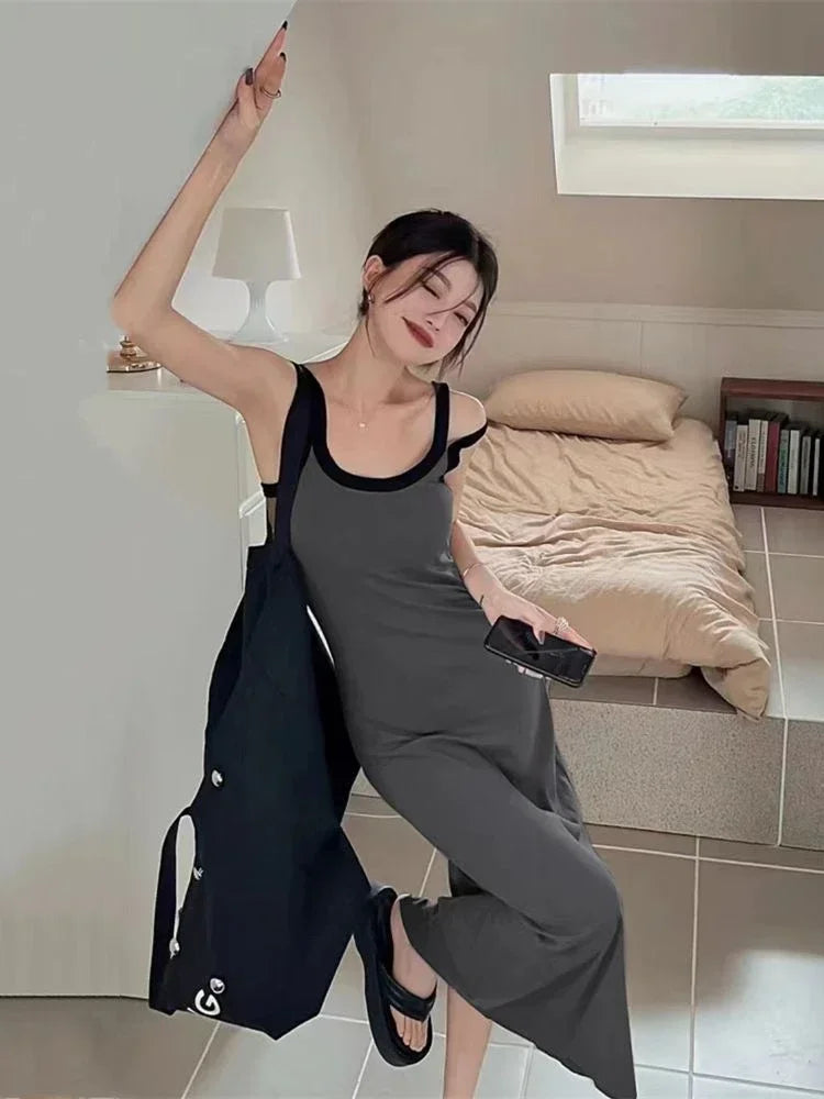 Aiertu Sexy Backless Slip Midi Split Dresses Women Korean Fashion Spaghetti Strap Vintage Casual Black Dress 2024 Summer Sundress Aiertu