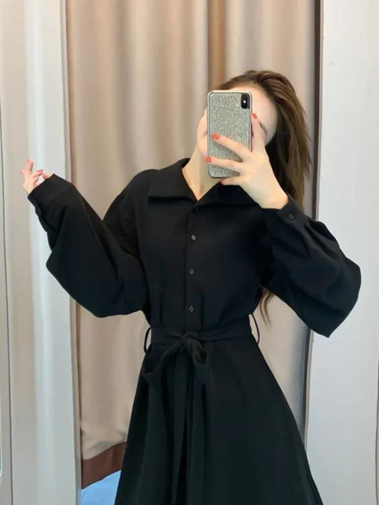 Aiertu Polo Black Shirt Dress Women Vintage Casual Long Sleeve Party Dresses Elegant Kpop Fashion Harajuku Robe Female Aiertu