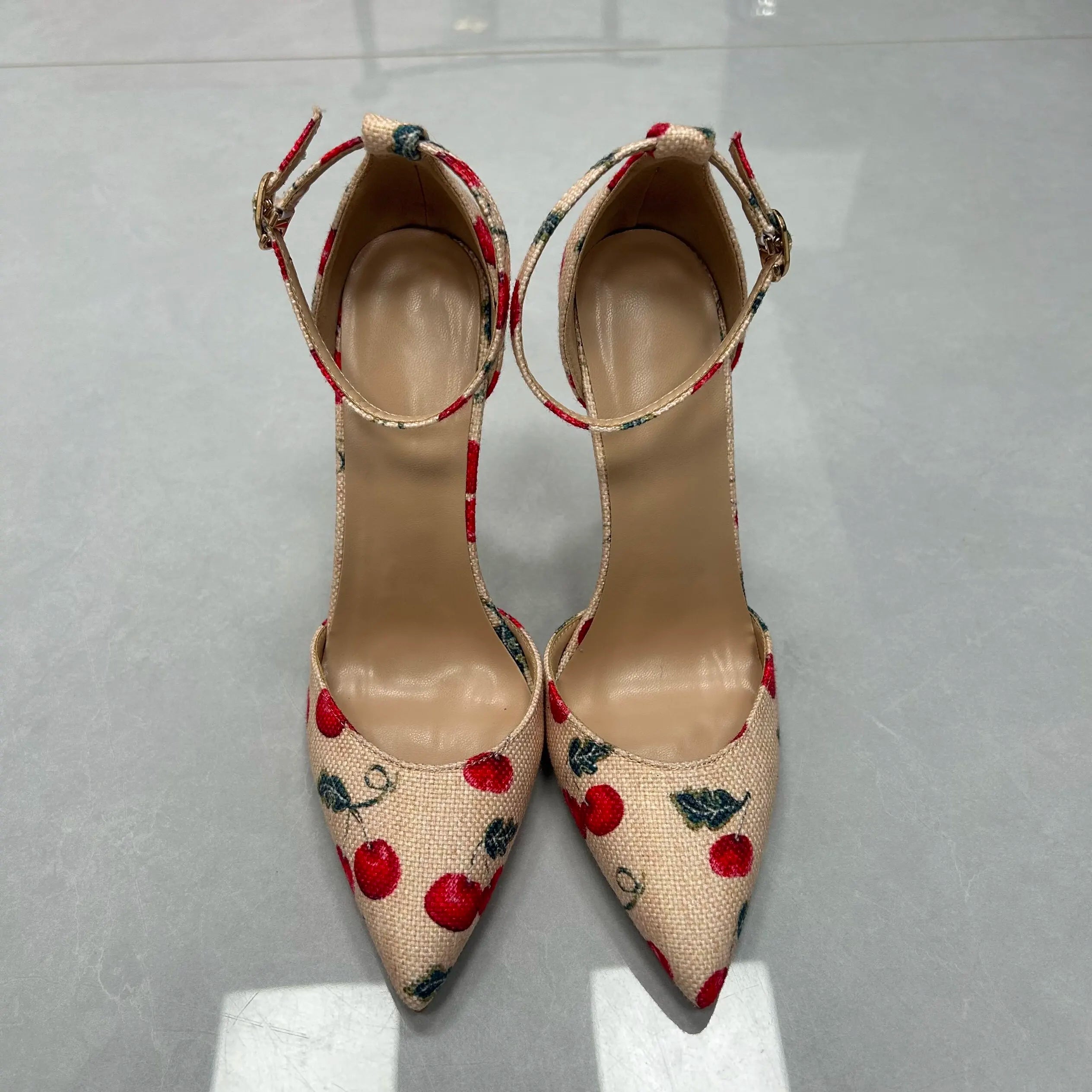 AIERTU  -  One Word Buckle with Cherry Print Pointed Stiletto High Heels for Women's Shallow Mouth Fashion Versatile Dating Commuter Shoes Aiertu