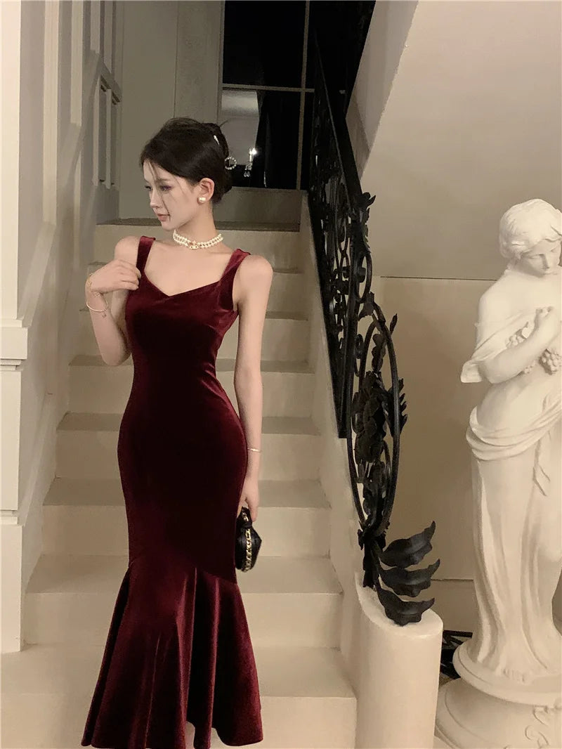 AIERTU  -  French Style Vintage Wine Red Camisole Long Dress Elegant Women Spring Autumn Solid Slim Mermaid Ladies Evening Party Robe New Aiertu