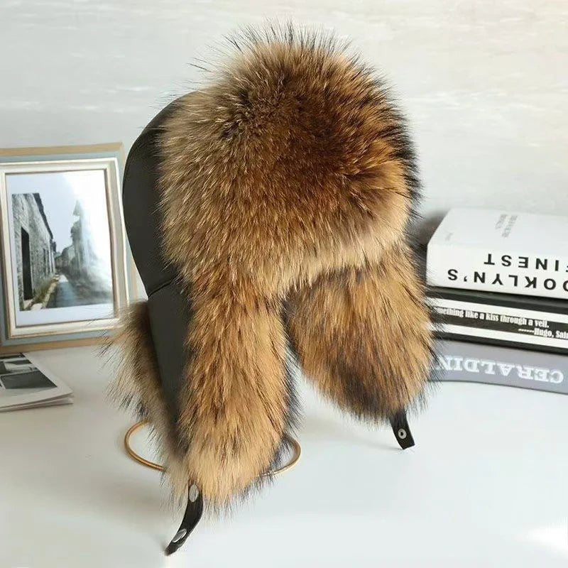 AIERTU  - Fur Hat Women Black Fox Fur Ushanka Hats Winter Warm Ears Bomber Cap Thick Hat Windproof Ear Flaps Middle Aged Cold Weather Aiertu