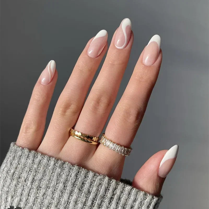 Aiertu 24Pcs Simple Green French False Nails Short Almond Fake Nails with Wave Line Design Wearable Round Head Press on Nail Tips Aiertu