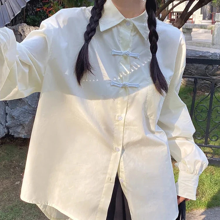 Aiertu Chinese Harajuku Fashion Button Design Loose Long Sleeve Blouse Women Casual All Match Vintage Shirt Y2k Aesthetic Blusa Aiertu