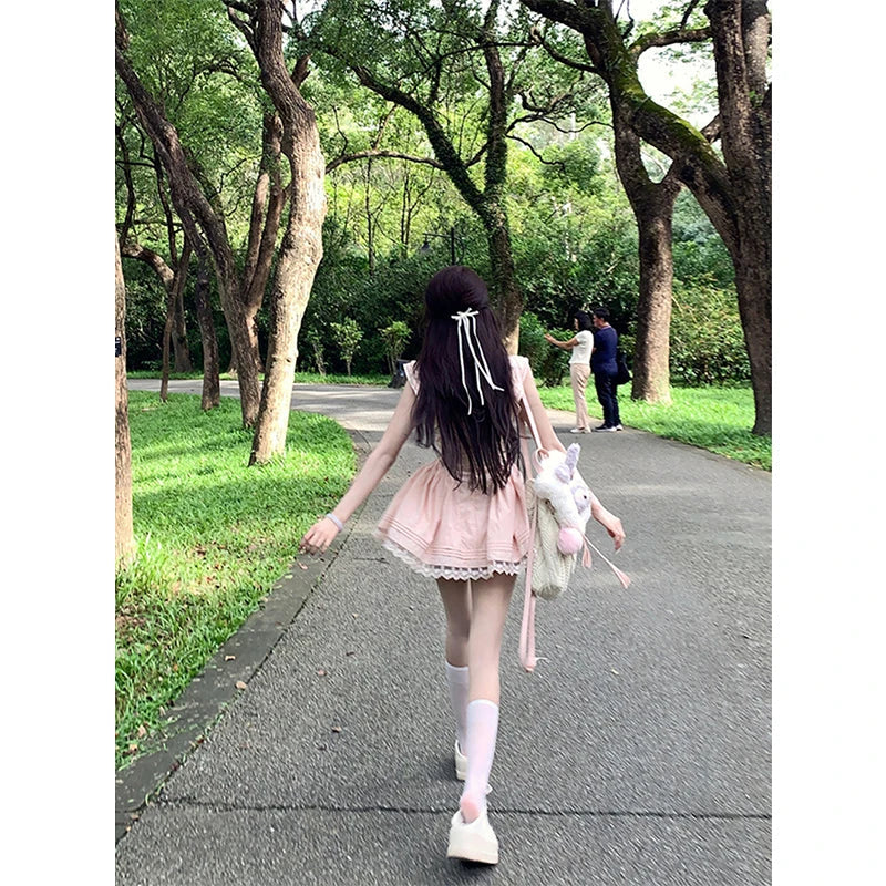 AIERTU  -  Kawaii Pink Mini Dress Women Party Cutecore Lace Patchwork Dresses Summer Japanese Fashion Flying Sleeve Bodycon A Line Vestidos Aiertu