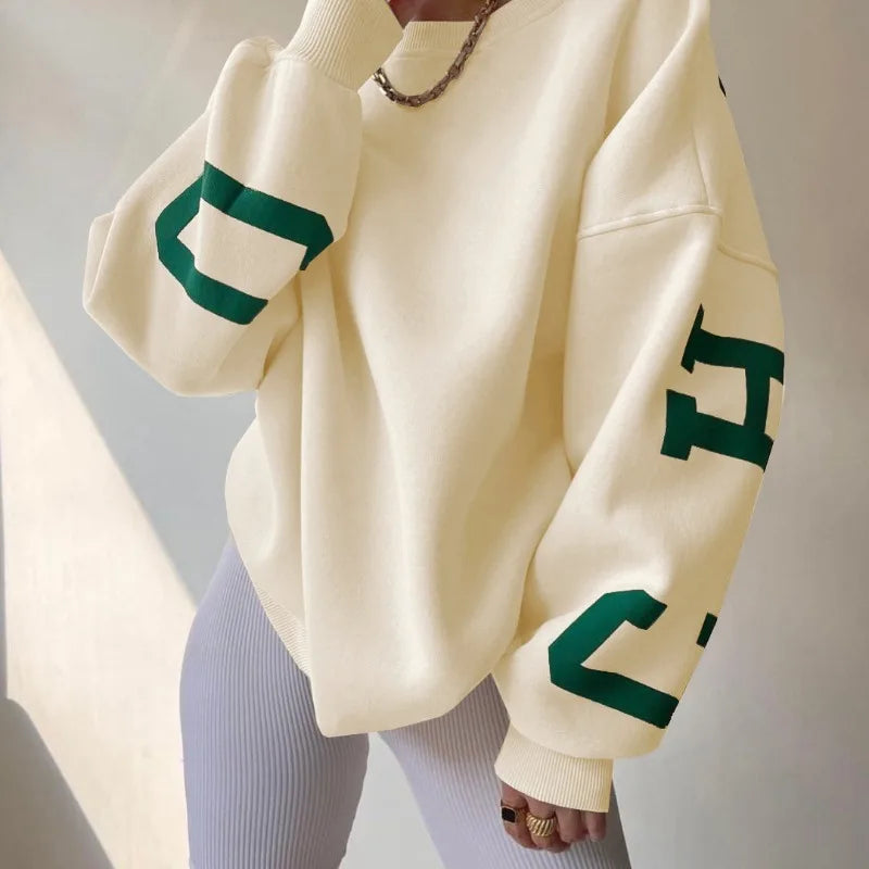 Aiertu Autumn and Winter Women's Pullover Round Neck Loose Letter Print Screw Thread Long Sleeve Underlay Fashion Casual Commuter Tops Aiertu