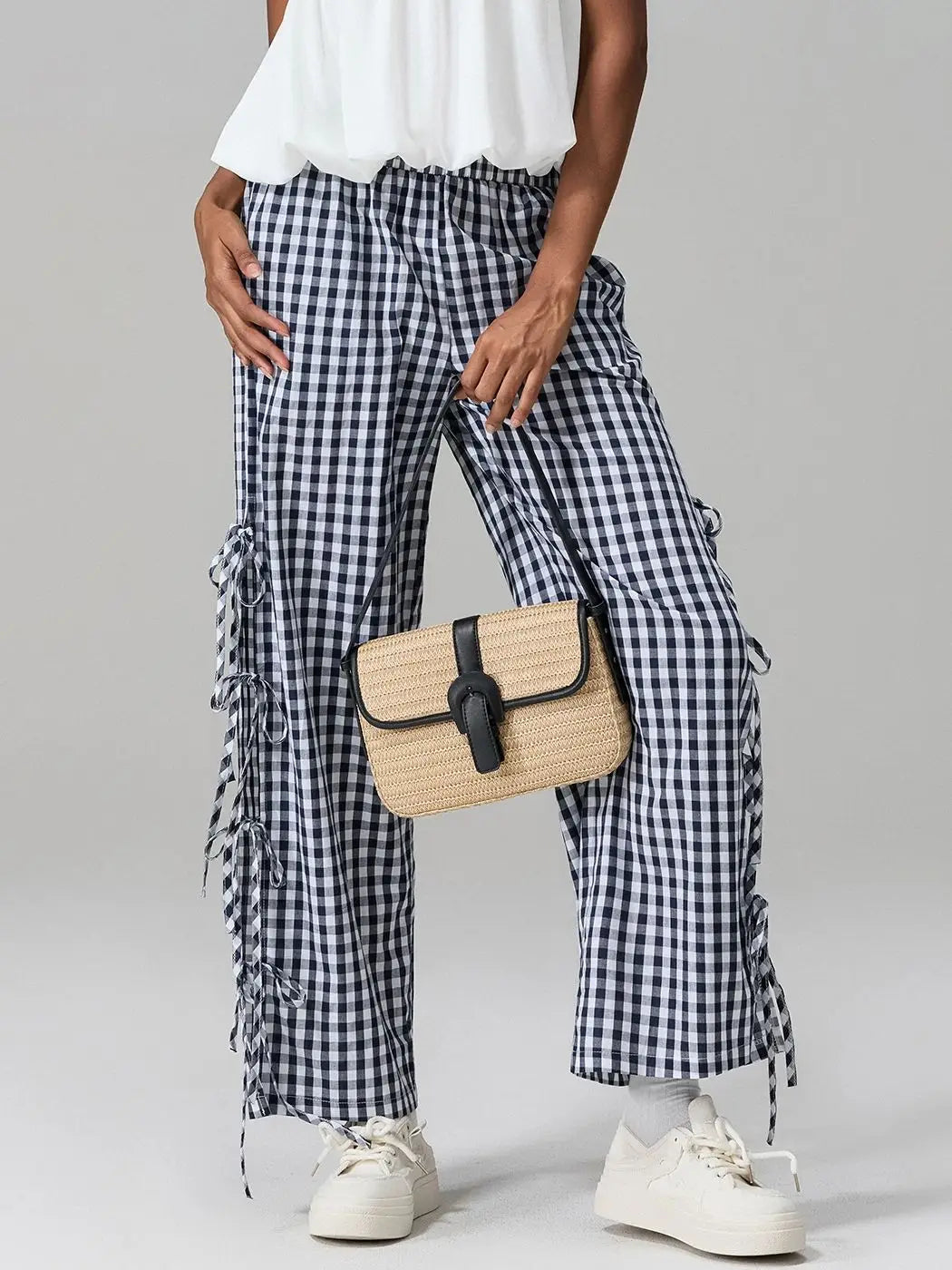 AIERTU  -  Women Plaid Wide Leg Pants Side Tie-Up Hollow-Out Loose Straight Trousers Bottoms Spring Summer Fashion Casual Sweatpants Aiertu