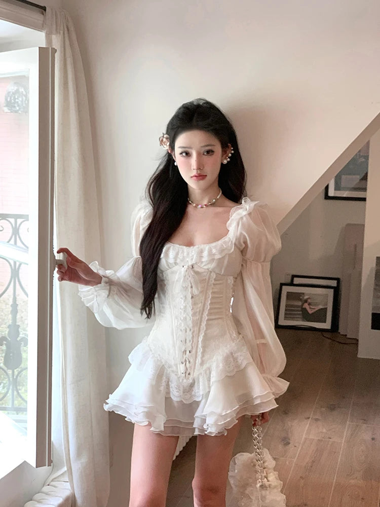 White French Elegant Evening Party Dress Women Casual Sexy Lace Puffed Sleeve Short Robe Summer Korean Y2k Sweet Mini Dress Chic Aiertu