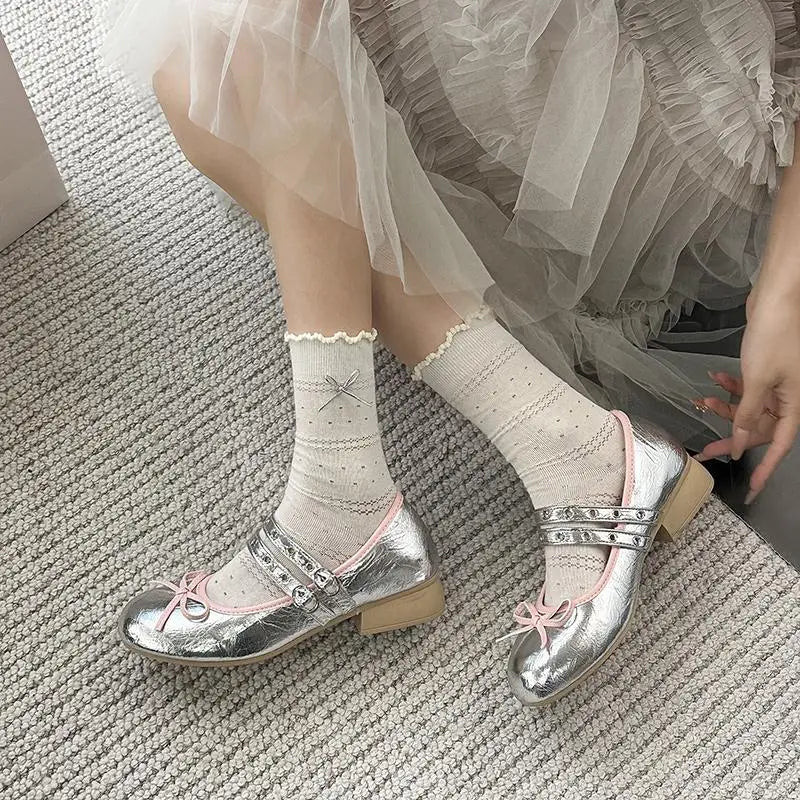 AIERTU  -  Pink Floral Pattern Low Heel Mary Jane Shoes Women Summer Comfort Silver Bowknot Ballet Flats Woman's Lolita Shoes Aiertu