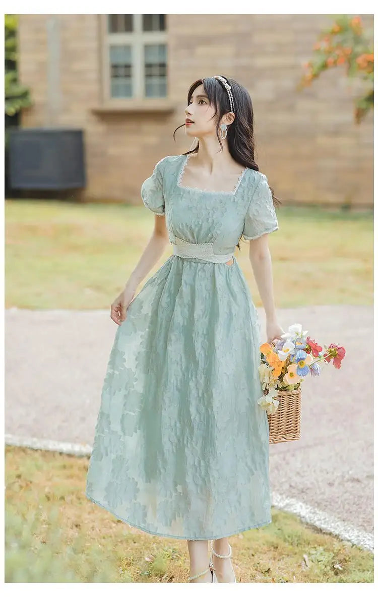 Aiertu Vintage Elegant Sweet Long Dress Women Hollow Out Designer Korean Style Slim Dress Female 2024 Summer Lace-up Casual Party Dress Aiertu