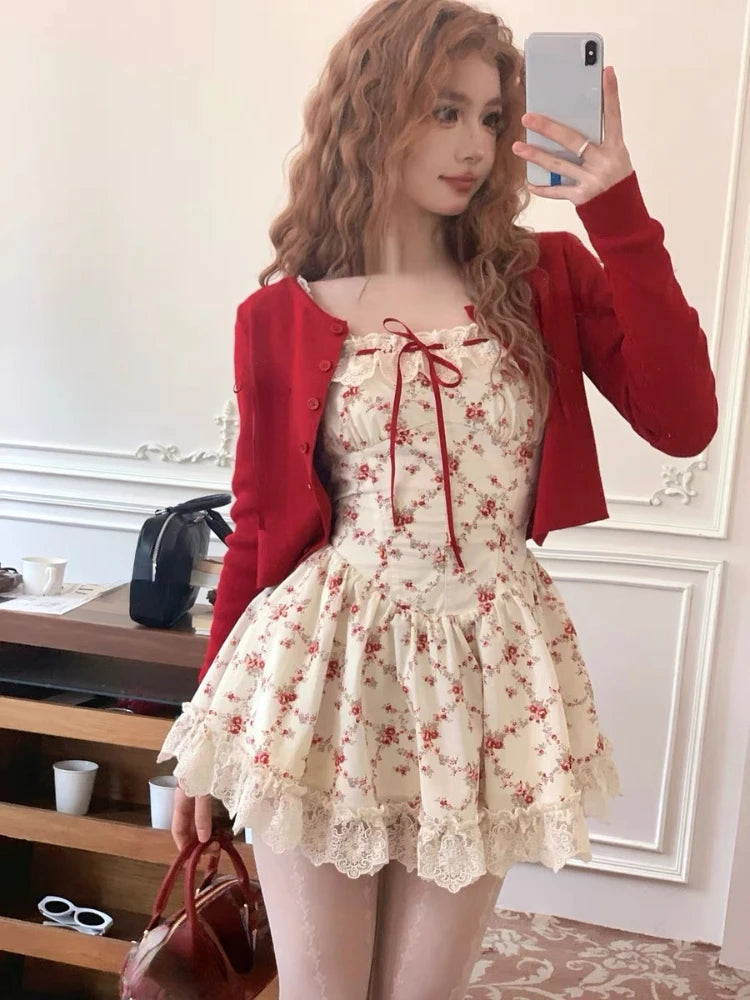 Aiertu 2024 New Sweet Floral Dress Set Woman Casual Red Short Cardigan Elegant Lace Y2k Mini Dress Beach Korean Fashion Clothing Suit Aiertu