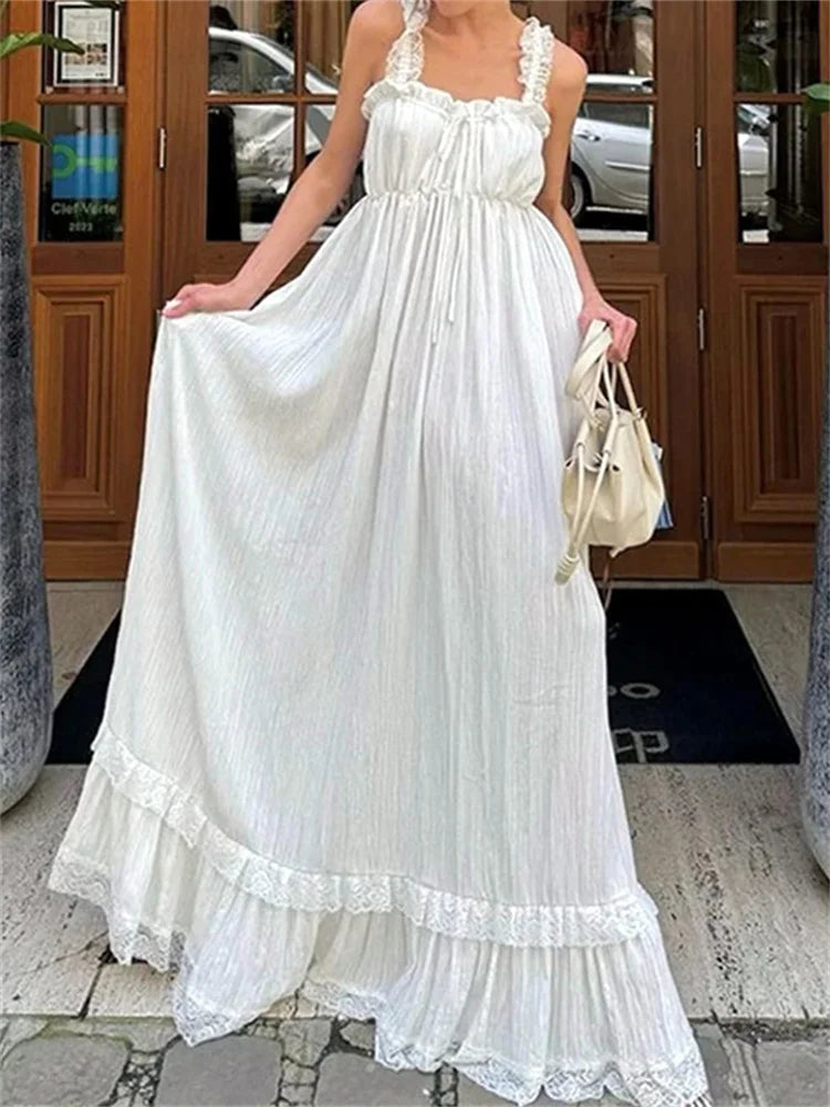 AIERTU  -  Women White Long Dress Lace Trim Tie-up V Neck Sleeveless Ruffle Loose Tank Dress for Evening Party Club Bohemian Summer Aiertu