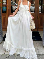 AIERTU  -  Women White Long Dress Lace Trim Tie-up V Neck Sleeveless Ruffle Loose Tank Dress for Evening Party Club Bohemian Summer Aiertu