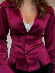 AIERTU  -  Satin Blouse Deep V Neck Button Front Long Sleeve Cinched Waist Daily Casual Office Slim Fit Collared Spring Autumn Blouse Aiertu