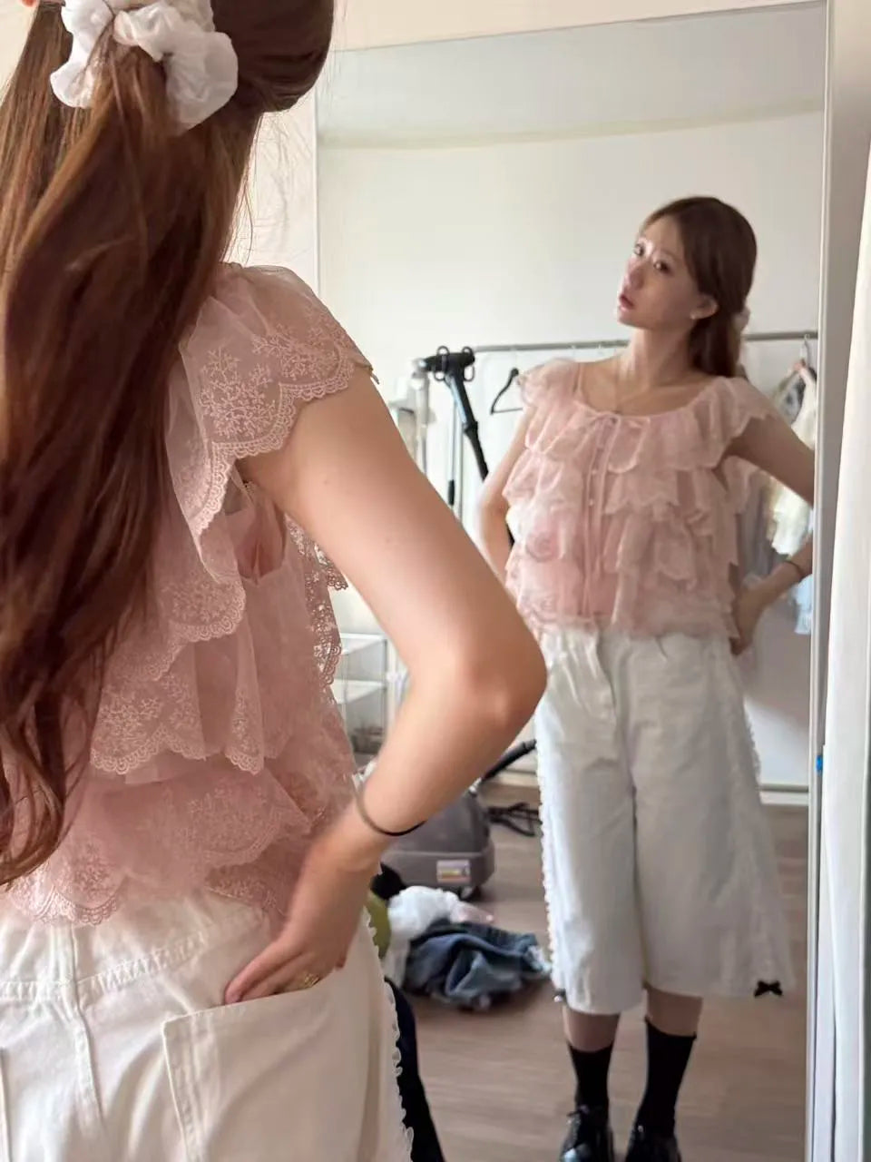 AIERTU  -  Korean Style Chic Fashion Summer Anti-Aging Lace Patterned Women's Shirt with Ruffle Sleeves Short Sleeve Versatile Fit Aiertu