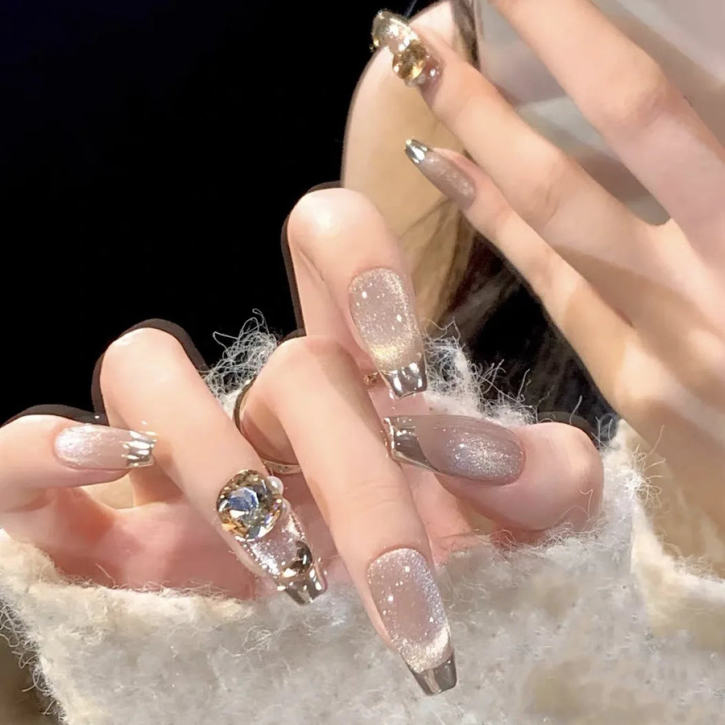 Aiertu 24Pcs Valentine Nails Press on Love Y2k Acrylic Nails Sparkle Butterfly French Cat Eye Almond Full Cover Stick on False Nail Tip Aiertu