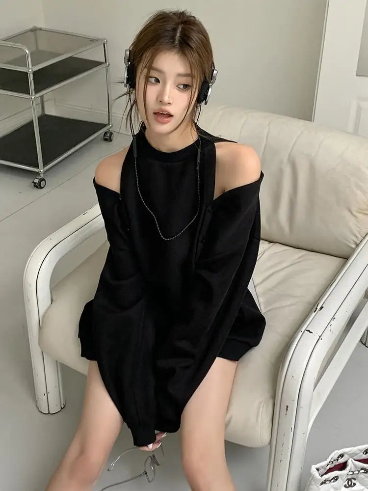Aiertu Women Black Elegant Long Sleeve Button Off Shoulder T Shirt Casual For Spring Autumn Gray Round Neck Loose Pullover Tops Fashion Aiertu