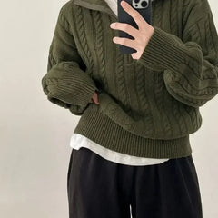 Korean Fashion Half Zipper Sweaters Women Vintage Twisted Knitted Crop Pullover Casual Sueter Mujer Long Sleeve Tops Aiertu