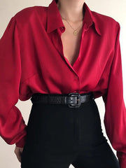 Aiertu Women Button Blouses Turn Down Collar Shirts Office Lady Long Sleeve Casual Blouse Loose OL Shirt Baggy Tops Red/Wine Red /Black Aiertu