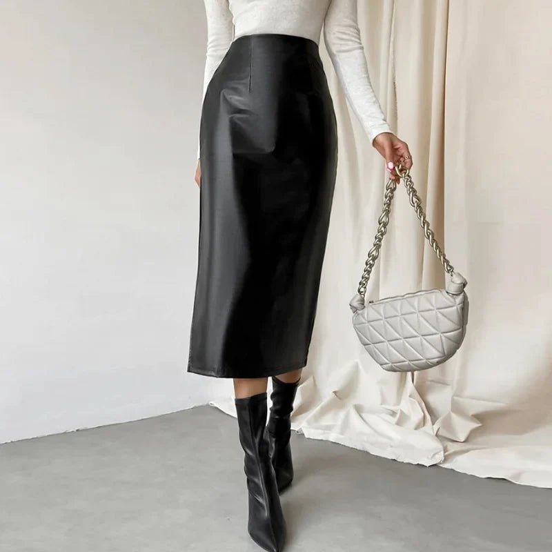 Aiertu Black Leather Skirts Women Fashion High Waist PU Long Skirt Splits Streetwear Autumn Female Elegant Solid Office Casual Aiertu