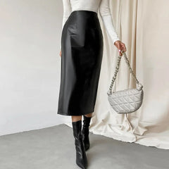 Aiertu Black Leather Skirts Women Fashion High Waist PU Long Skirt Splits Streetwear Autumn Female Elegant Solid Office Casual Aiertu