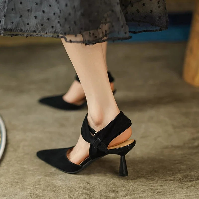 Aiertu Summer Women Sandals Pointed Toe Thin Heel Women Shoes 2023 Sheep Suede Leather Shoes for Women Cover Toe High Heels Party Shoes Aiertu