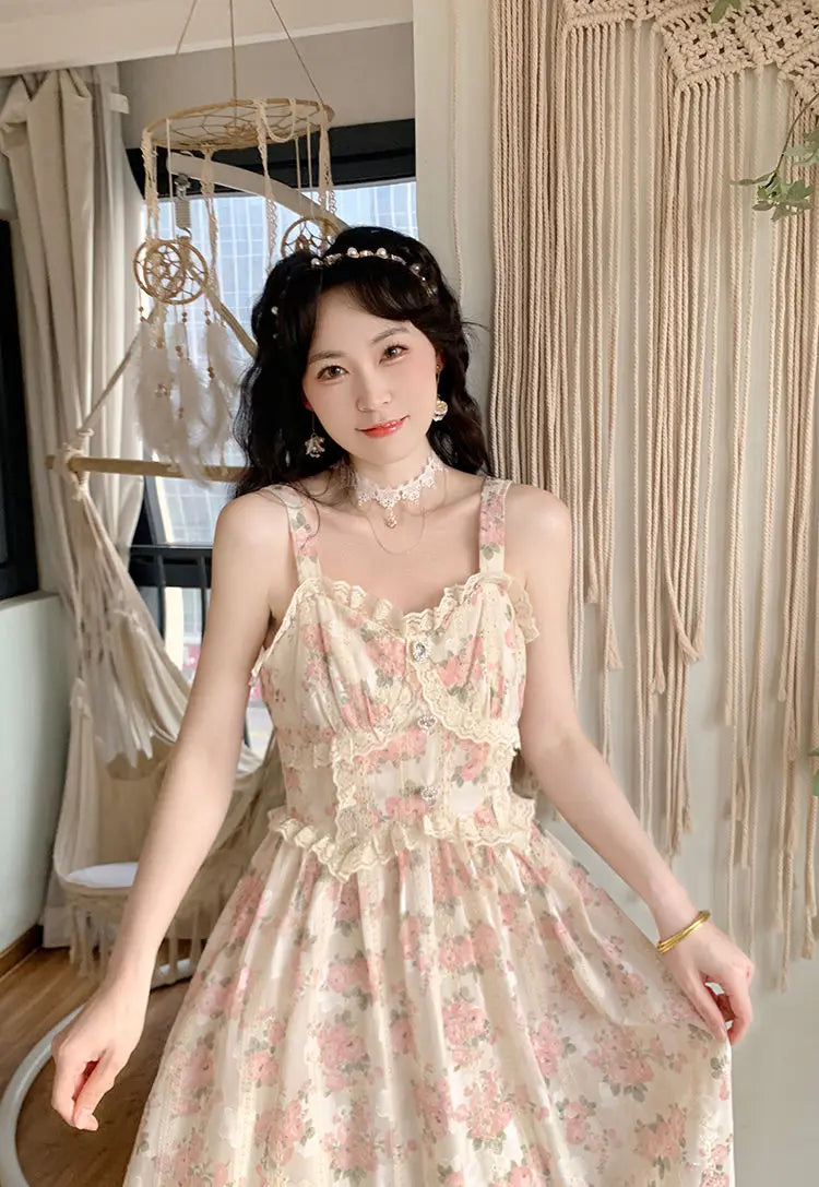 Aiertu Chiffon Lace Strap Dress Women Floral Embroidery Fairy Vintage Long Dress Female Sweet Princess Casual Party Dresses Summer Aiertu