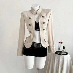 AIERTU  -  Y2k American Vintage Cropped Jackets Women Double Breasted Solid Outerwear Stand Collar Slim Fit Waist Elegant Chaquetas Aiertu