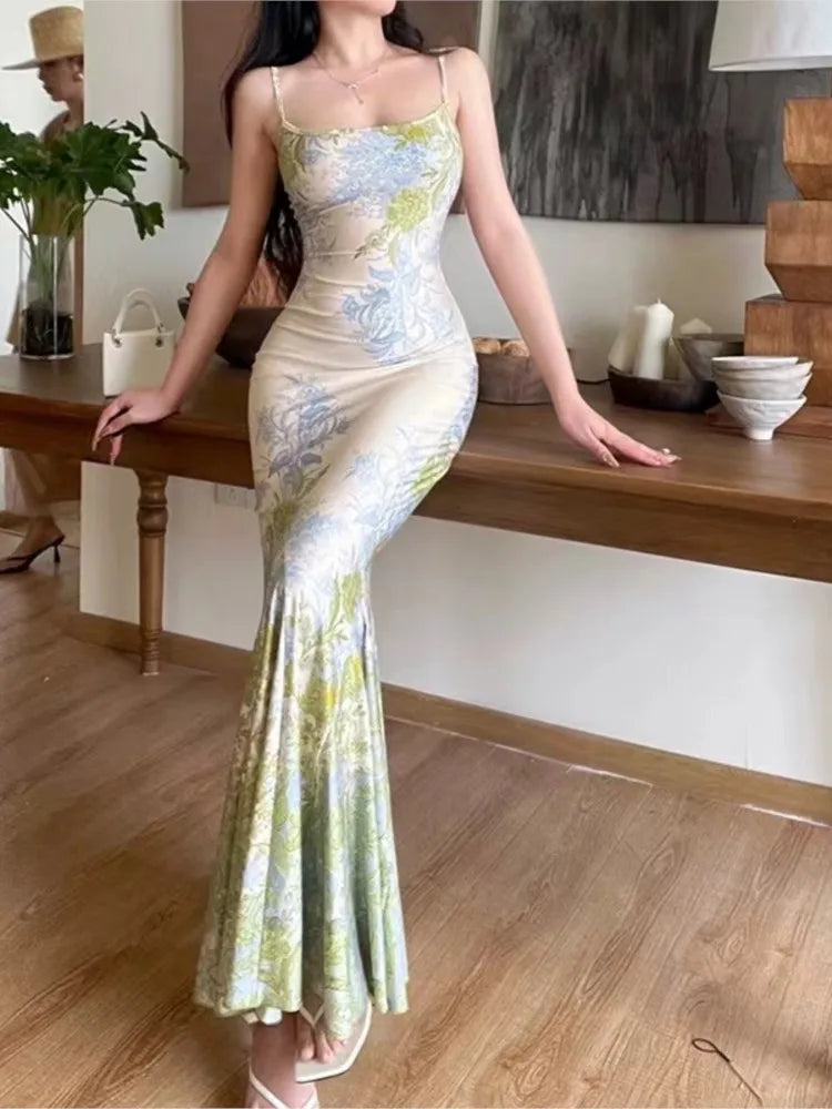 Aiertu Fashion New Women Summer Bodycon Slim Long Dress Sleeveless Casual Floral Vintage Fishtail Vestidos Female Party Clothes Robe Aiertu