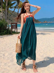 Aiertu High Waist A Line Summer Sexy Embroidered Chiffon Dress Spaghetti Strap Women Retro Long Dress Beach Party Casual Backless Boho Aiertu