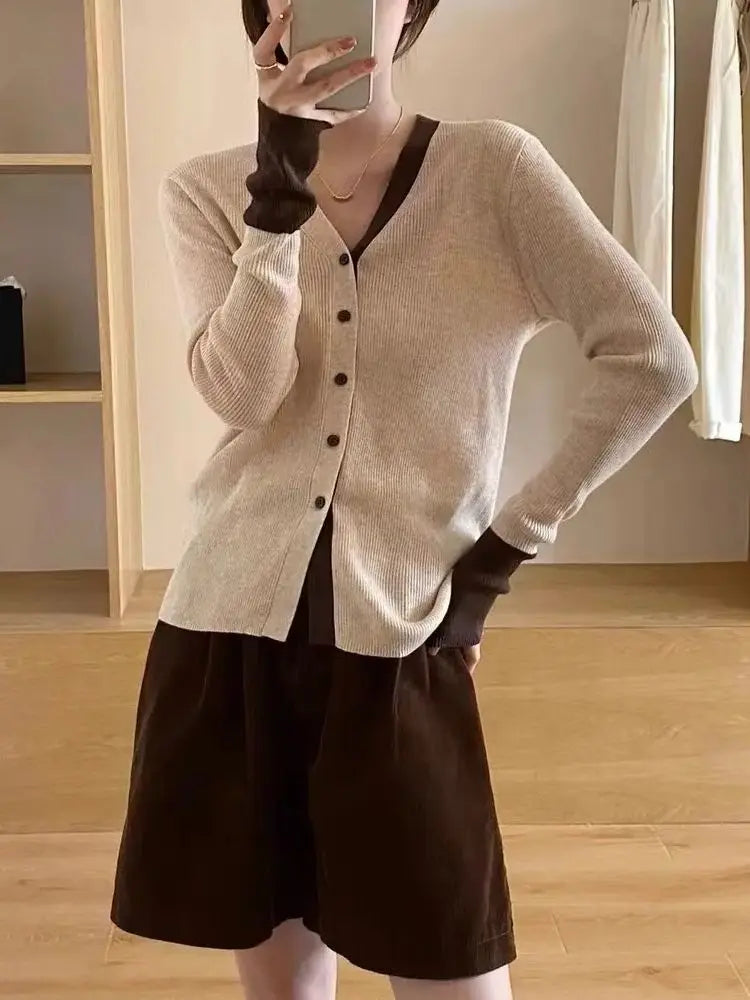 Autumn Knit Cardigan Girls Patchwork Long Sleeve Sweater Shirts Woman Contrast Color Knitted Tops Aiertu