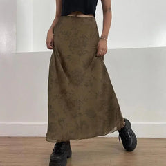 Aiertu Vintage Long Skirt Women Floral Print Low Rise Ladies Midi Skirts Y2K High Street Retro Aesthetic Casual Mesh Skirts Aiertu