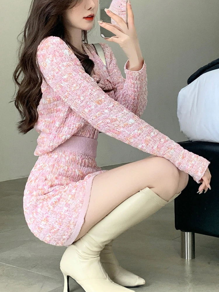 Aiertu Two Piece Dress Set Sweet Cardigan Sweater + Slim Skirt Pink Elegant Y2k Mini Dress Autumn Office Lady Casual Knitted Suits Aiertu