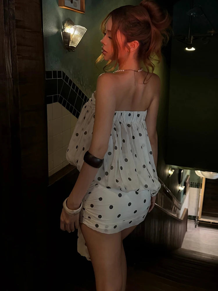 AIERTU  -  Mesh Patchwork Mini Dress Woman Polka Dot Print Wrap Chest Backless Tassel Decoration Y2K Style Ruched Elegant Bodycon Aiertu