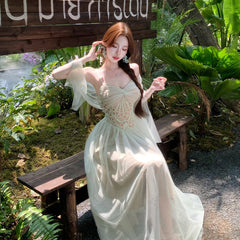 AIERTU  -  Summer French Elegant Fashion Holiday Dress Women's Mesh Patchwork Backless Spaghetti Strap Dress Design Beach Party Long Dress Aiertu