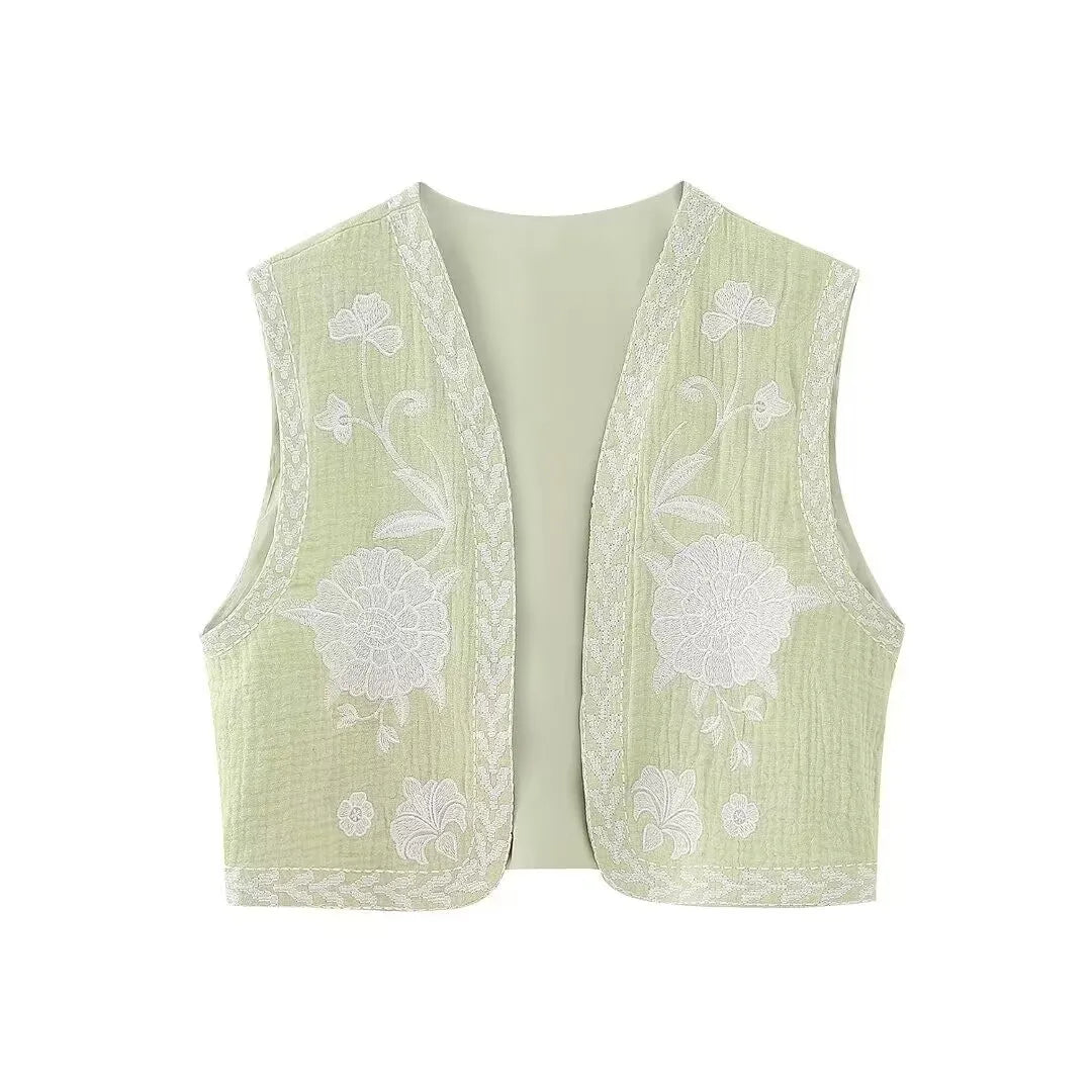 Aiertu Women Vintage Floral Embroidered Open WaistCoat Ladies National Style Vest Jacket Outfits Casual Vacation Crop Top Aiertu