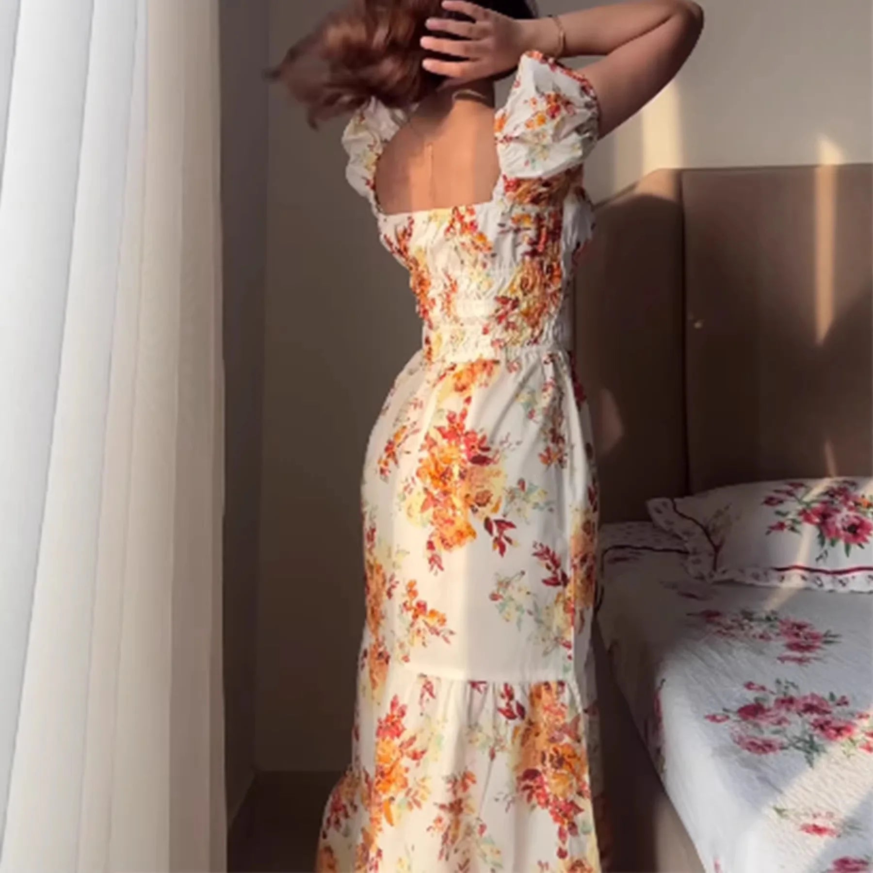 AIERTU  -  Floral Print Long Dress Women Y2K Square Neck Waist Cinching Spring European American Gentle Pastoral Style Maxi Dress Aiertu
