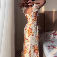 AIERTU  -  Floral Print Long Dress Women Y2K Square Neck Waist Cinching Spring European American Gentle Pastoral Style Maxi Dress Aiertu